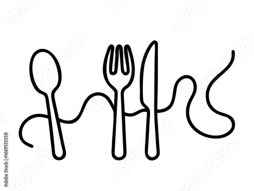 Minimalist line art illustration of a fork, knife, and spoon connected by a continuous, wavy line.

