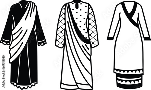 Vector art of three traditional indian womens clothing items, including a sari and two salwar kameez outfits, presented in a graphic illustration