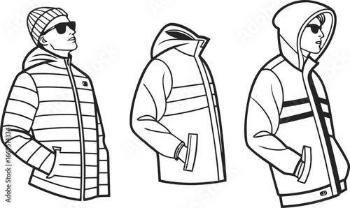 Vector art of three men wearing winter jackets and beanies, fashion illustration
