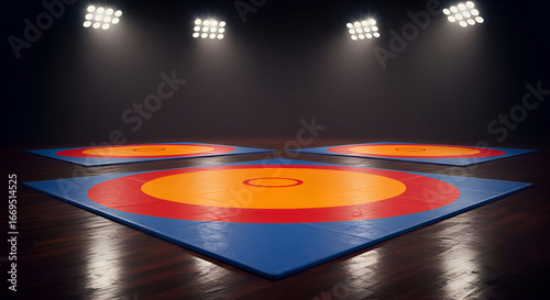Wrestling mats in a dark arena with spotlights. Empty wrestling mats ready for competition in a professional wrestling venue.