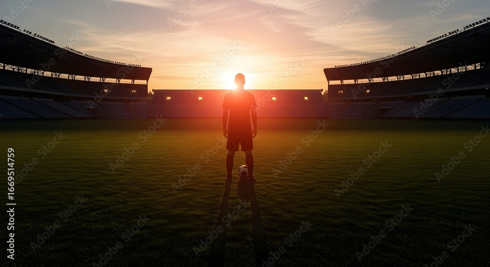 Fototapeta premium Silhouette of a Soccer Player Standing Alone on a Football Field at Sunset