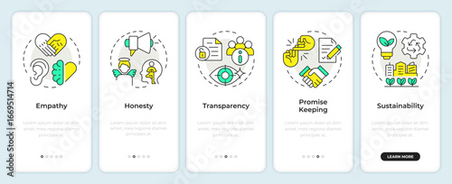 Corporate social responsibility pillars onboarding mobile app screen. Walkthrough 5 steps editable graphic instructions with linear concepts. UI, UX, GUI. Montserrat SemiBold, Regular fonts used