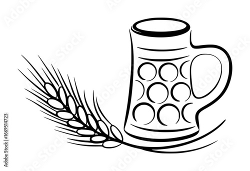 Black and white illustration of a beer mug and barley stalk stein glass