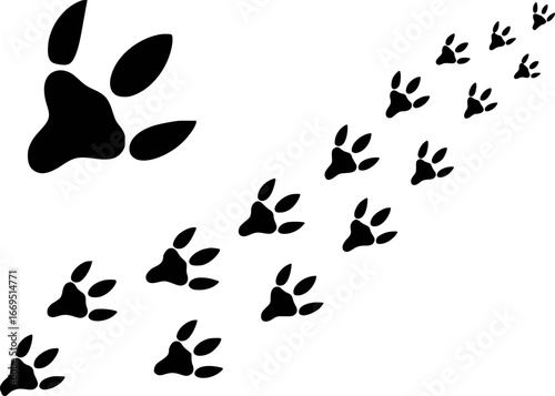 Black and white illustration of animal paw prints in a diagonal line animal tracks