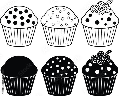Black And White Illustrations Of Cupcakes With Various Toppings muffins baking