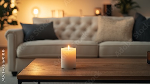 A cozy living room scene featuring a lit candle on a wooden table, complemented by a plush sofa and soft lighting, creating a warm and inviting atmosphere.