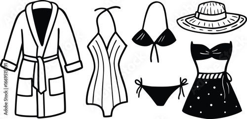Vector art of collection of summer clothing and accessories, including a bathrobe, swimsuit, bikini, and sun hat