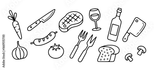 Collection of Hand Drawn Food and Kitchen Utensils cooking illustration