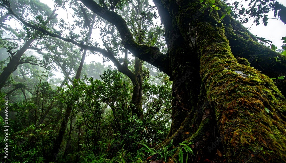 Fototapeta premium Lush, misty forest scene showcases a towering, moss-covered tree trunk reaching into the canopy.