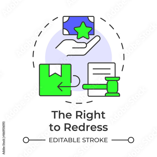 Right to redress multi color concept icon. Refund, repair, replacement of products. Legal customer protection. Round shape line illustration. Abstract idea. Graphic design. Easy to use in booklet