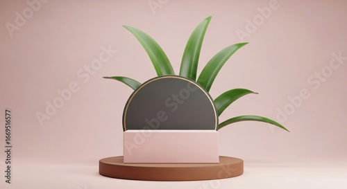 Elegant minimalist product display stage with vibrant green plant backdrop