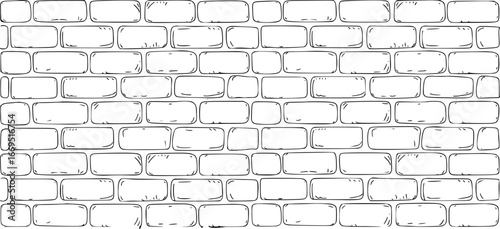 Seamless pattern of a hand-drawn brick wall in black and white masonry construction