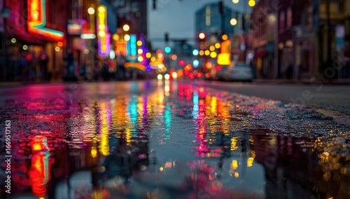 City street at night, vibrant reflections