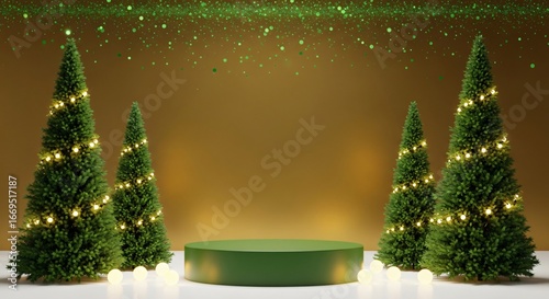 Christmas trees with lights and podium for product display, festive holiday