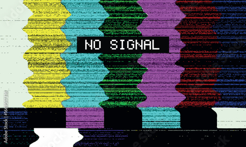 Analog television glitch art background with colorful static and no connection error