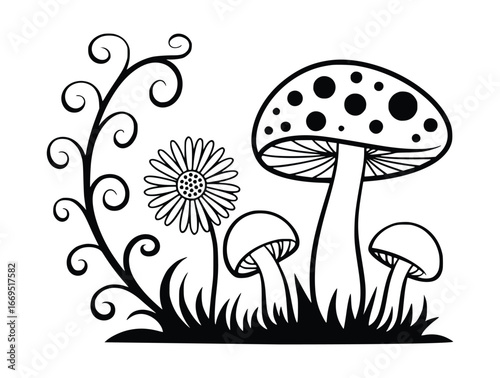 Whimsical Black And White Illustration Of Mushrooms And A Daisy toadstool fungi