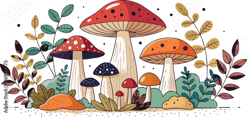 Vector art of whimsical illustration of colorful mushrooms and autumn leaves in a forest setting