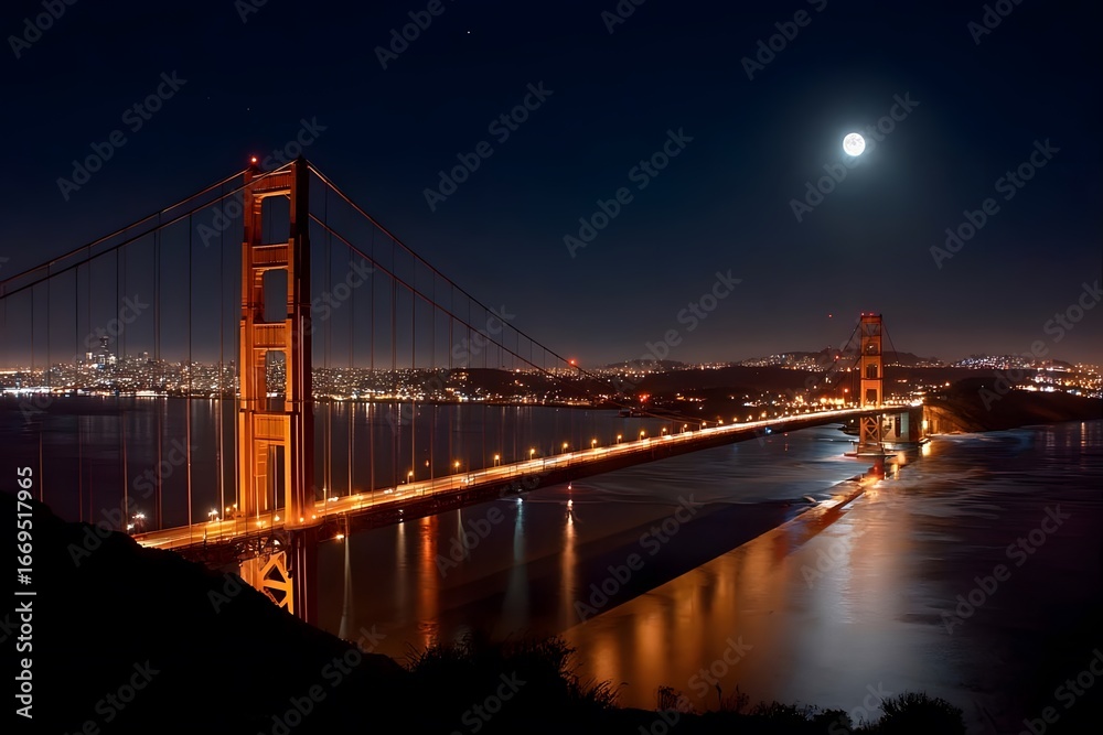 Obraz premium Golden Gate Bridge lit up at night under a full moon.