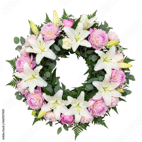 A beautiful floral wreath with white lilies and pink carnations isolated on transparent background