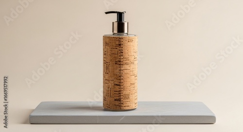 Modern cork soap dispenser on a minimalist stone platform, elegant design