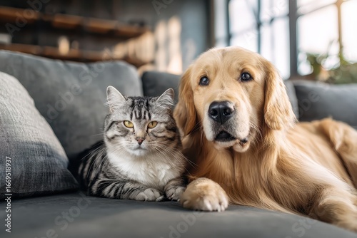 Wallpaper Mural Playful golden retriever and adorable tabby cat relaxing together on a cozy couch in a sunny living room filled with natural light Torontodigital.ca