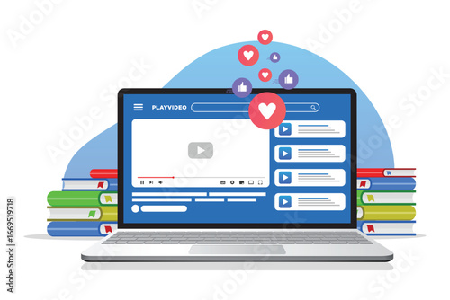 Flat design Video Marketing, Online video channel on Laptop screen. landing page website illustration flat vector template.