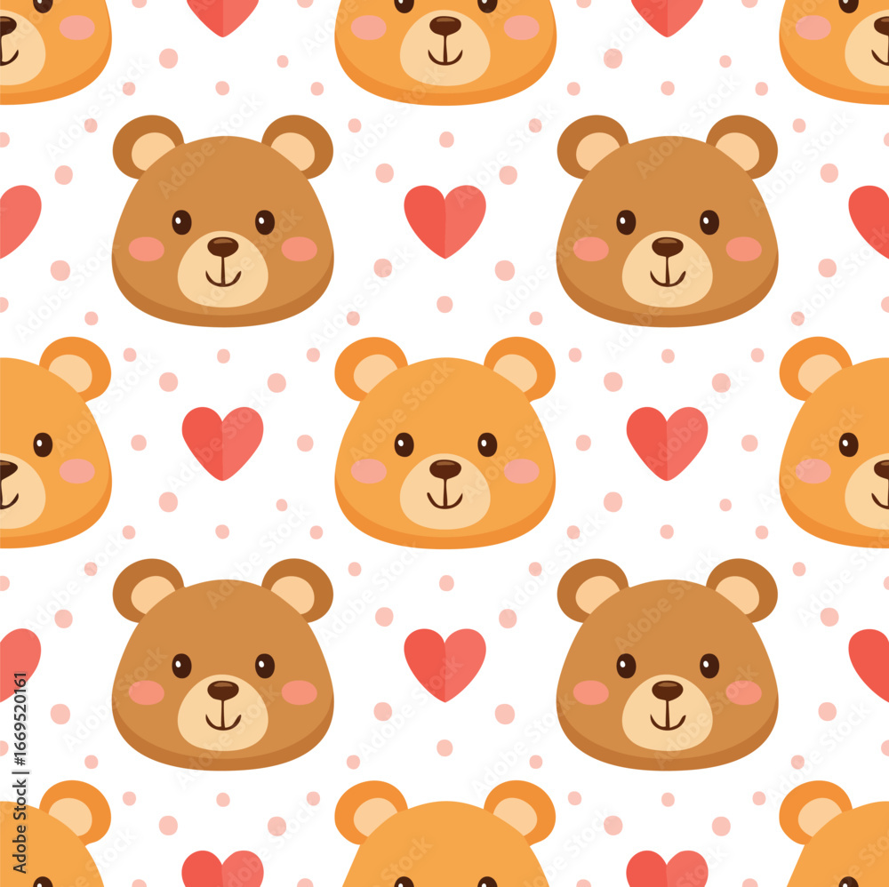 Fototapeta premium Cute teddy bear faces repeating pattern with hearts and polka dots, kawaii background style