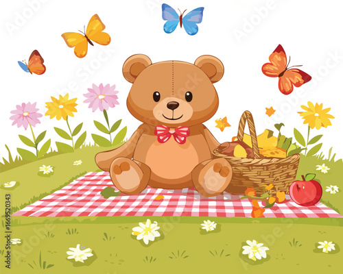 Teddy bear picnic background with blanket, food basket, butterflies, and flowers