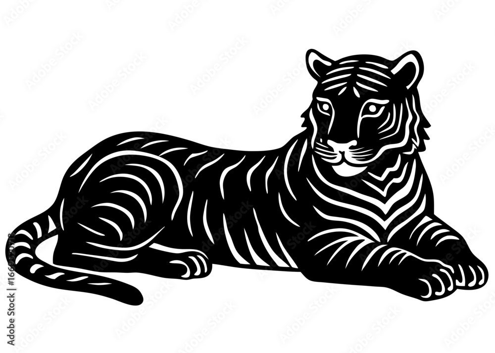 Fototapeta premium Tiger Lying Silhouette Linocut | Resting Jungle Cat SVG