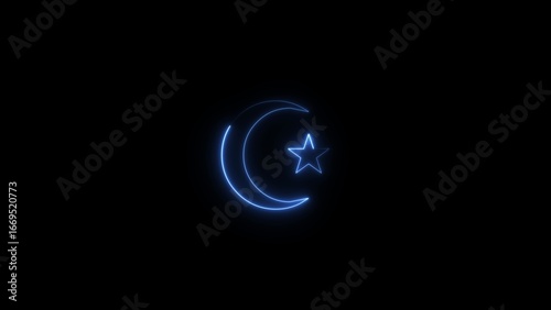 neon light star and moon icon on black background 4k animation. Islamic sign