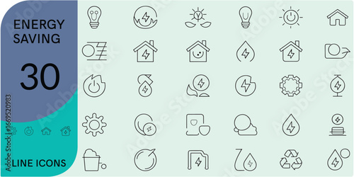Energy Saving Line Editable Icons set. Vector illustration in modern thin line style of eco related icons: Energy Costs, Power Consumption Level, Green House and more. Pictograms and infographics