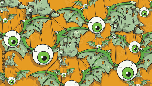 Seamless Creepy Eyeball Bat Puppet Vector Background