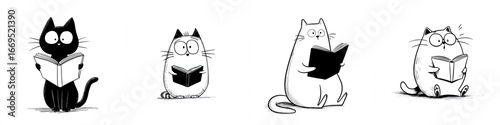 Cute cartoon cats reading books in black and white sketches, playful animal illustrations for children, learning and education themes, whimsical design, minimalistic art style
