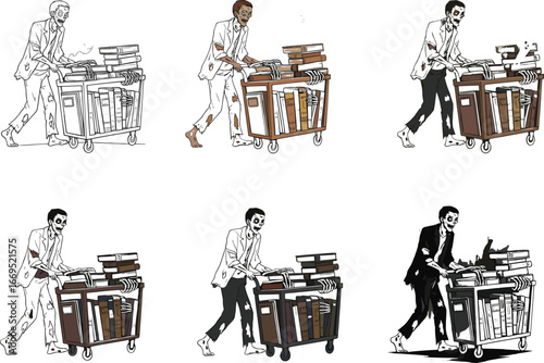 Zombie librarian pushing book cart, undead worker illustration, creepy office character, horror themed graphic, cad drawing flat vector illustration