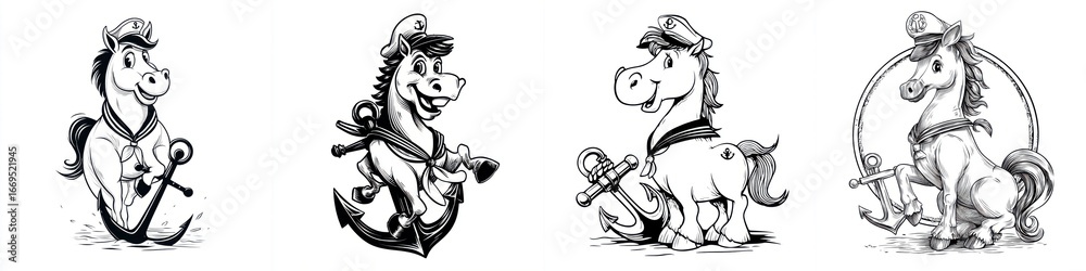 Fototapeta premium Set of four playful cartoon horses dressed as sailors with anchors and ships, black and white sketches perfect for nautical themes, children's illustrations, or maritime stories