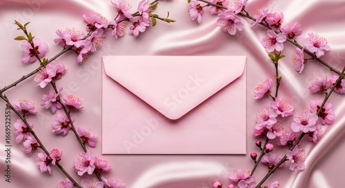 Romantic letter with cherry blossoms on silk background, perfect for spring