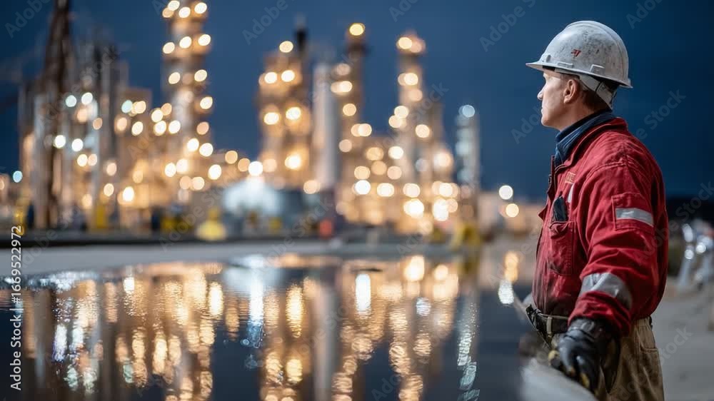 Engineer on the Horizon: An engineer in a safety helmet and work attire stands vigilantly, gazing at a modern industrial complex illuminated against the twilight sky. Engineer on the Horizon: An engineer in a safety helmet and work attire stands vigilantly, gazing at a modern industrial complex illuminated against the twilight sky.