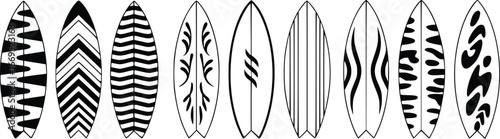 Assortment of ten black and white patterned surfboards displayed vertically water sport