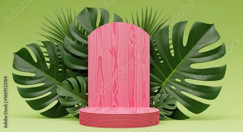 Elegant pink wooden podium with tropical monstera and palm leaves backdrop