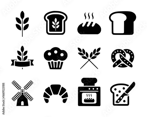 Bakery And Bread Related Icons Including Wheat, Cupcake, Pretzel, Windmill And Oven