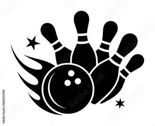 Black Silhouette of a Bowling Ball Hitting Pins with Flames and Stars on a White Background