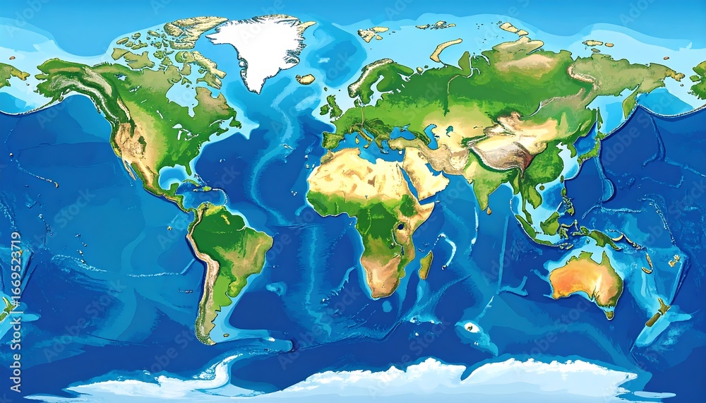 Fototapeta premium Detailed world map showcasing diverse geographical features and continental outlines.