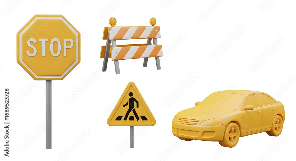 Naklejka premium Road safety elements including stop sign, roadblock, pedestrian crossing isolated on white background