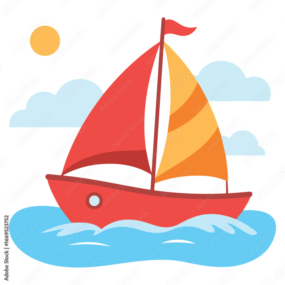 Fototapeta premium Marine print with cute boat on sea and clouds vector illustration
