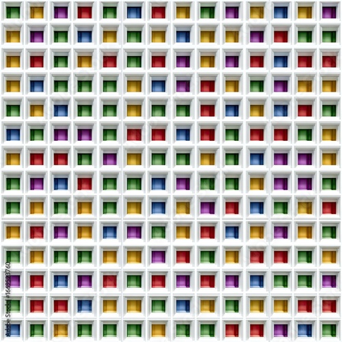 Abstract pattern of colorful squares on white grid