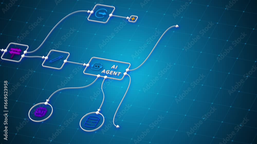 AI agent workflow automation diagram with digital process flow chart and futuristic technology interface