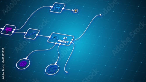 AI agent workflow automation diagram with digital process flow chart and futuristic technology interface