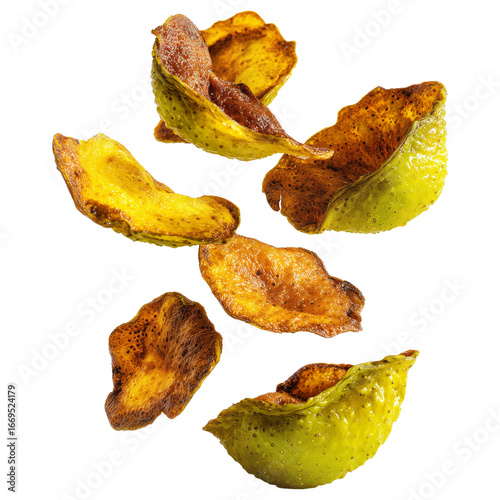 Dried apple slices or breadfruit chips with wrinkled texture, isolated on white transparent background, concept of healthy Micronesia snack food