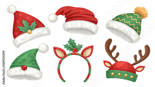 Collection of festive christmas hats and headbands isolated on transparent background