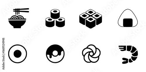 Set of Eight Black Japanese Food Icons on White Background sushi ramen